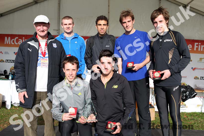 North East Senior Men team winners, from left to right, back row: Peter Newton, Jonathan Taylor, Matt Nicholson, Lewis Timmins; front row: Carl Smith and Ricky Stevenson, McCain Inter Counties Cross Country, Cofton Park, Birmingham.